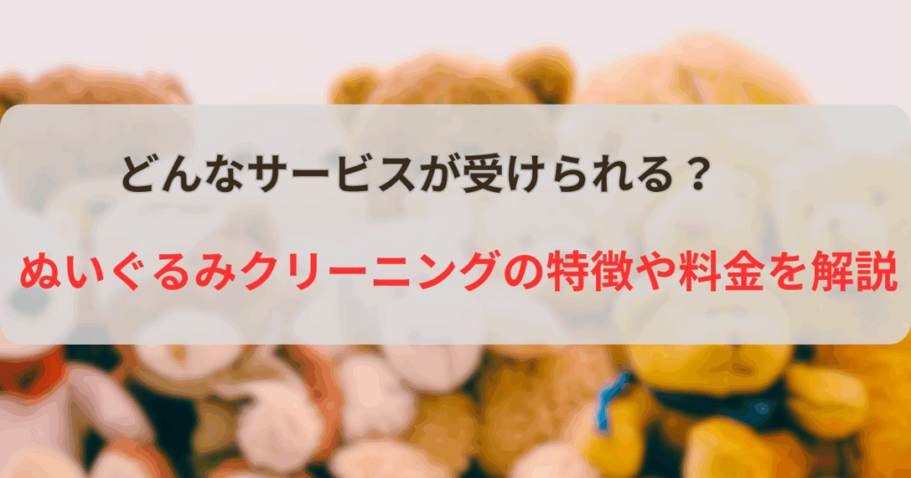 ぬいぐるみクリーニングサービスの特徴や料金を解説する案内画像。背景にぬいぐるみの写真、中央にサービス紹介のテキスト。